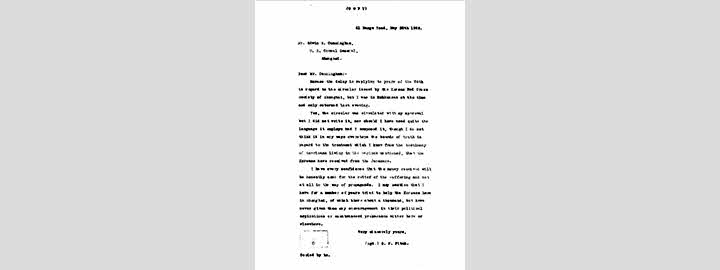 조지 필드 피치 목사가 미국 총영사 커닝햄에게 보낸 편지