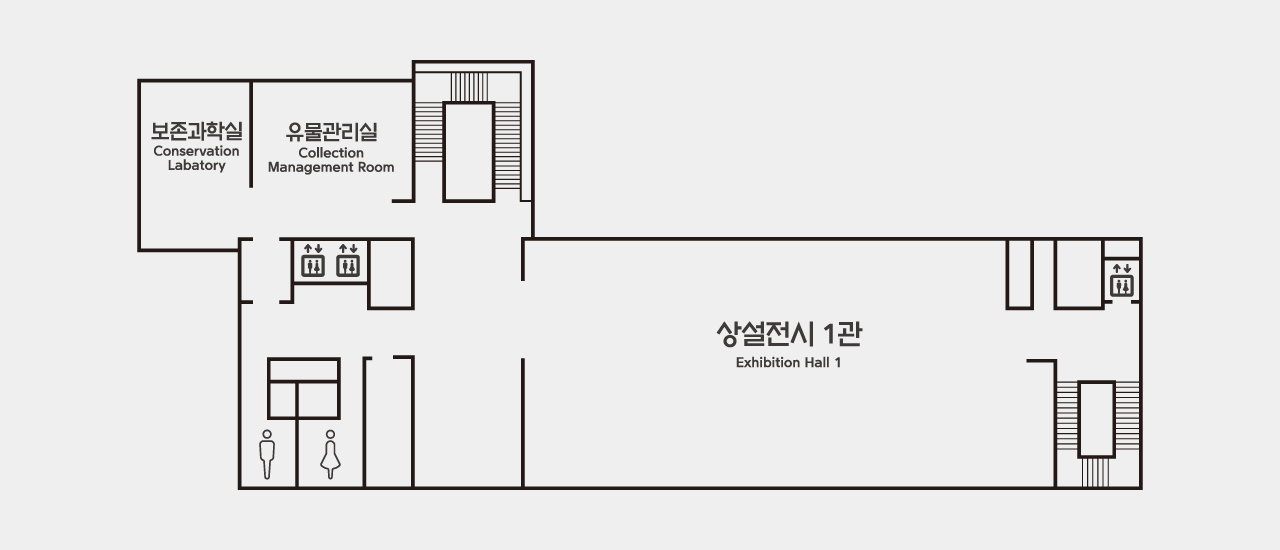 2층 시설안내: 계단을 올라오면 좌측으로 상설전시 1관이 있고 올라가는 계단 뒤로 유물관리실, 보존과학실, 엘리베이터 화장실이 있음.