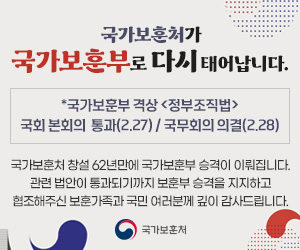 국가보훈처가 국가보훈부로 다시 태어납니다. 국가보훈부격상 정부조직법 국회 본회의 통과(2월27일)/국무회의 의결(2월28일) 국가보훈처 창설 62년만에 국가보훈부 승격이 이뤄집니다. 관련 법안이 통과되기까지 보훈부 승격을 지지하고 협조해주신 보훈 가족과 국민 여러분께 깊이 감사드립니다.